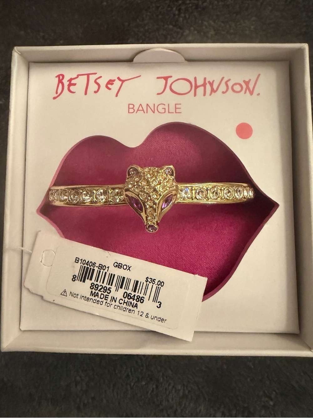 Betsey Johnson Gold Fox Head Crystal Bracelet with Pink Eyes
